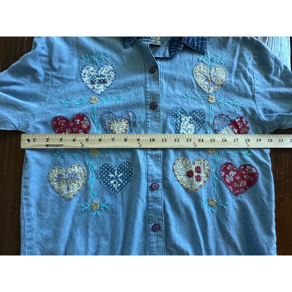 Teddi Vintage Heart Patchwork Chambray Denim Shirt Light Wash Cottagecore Small - Picture 8 of 8